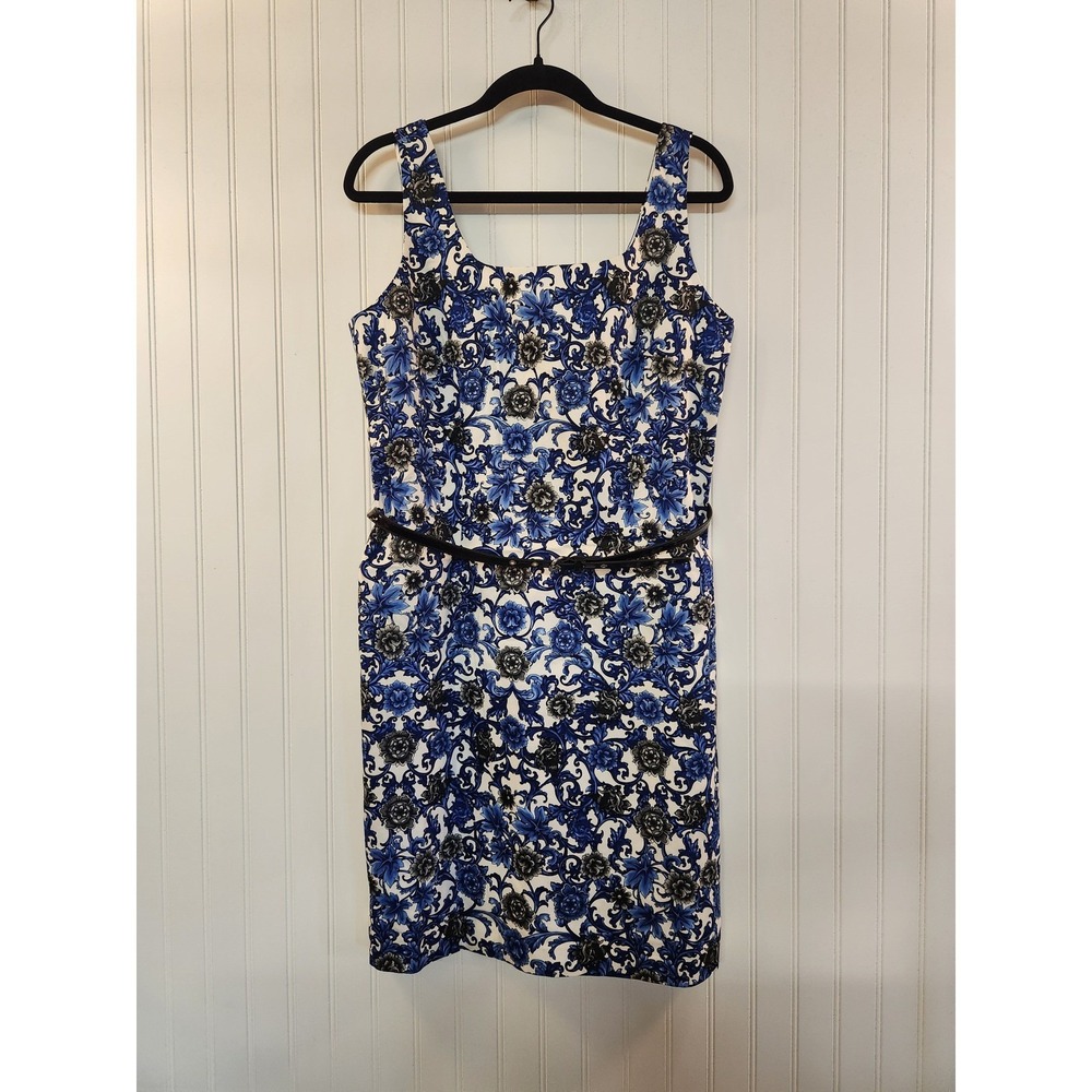 NEW Premise Dresses Womens Blue Floral Damask Sheath Dress Belted Size 12